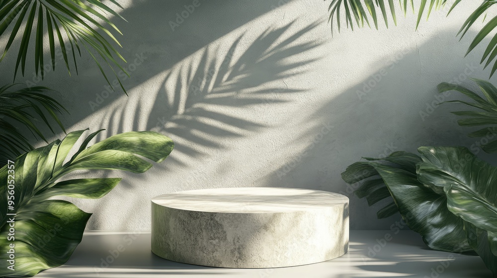 Fototapeta premium A 3D-rendered stone podium surrounded by tropical palm leaves casting shadows on a gray background, perfect for cosmetic beauty product promotion