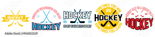 Cute Hockey Tshirt Design Bundle Typographic Emblems, Inscriptions Set Vector Illustration for Wrapping Paper, Printable, Printing Press