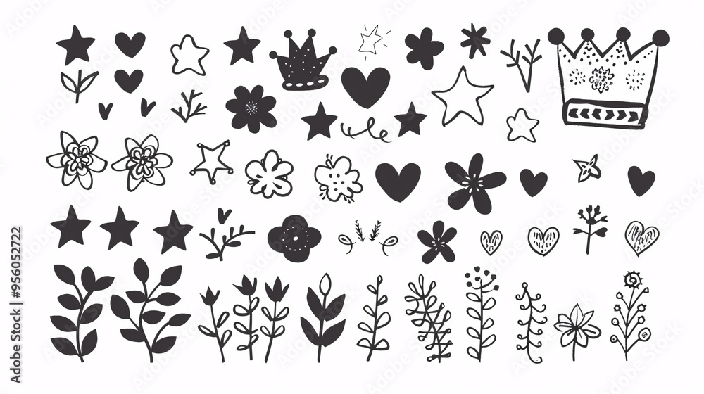 07231249 494. Childish girly style doodles in a set of hand-drawn charcoal shapes and squiggles, including crowns, stars, flowers, and hearts, isolated on a clean white background