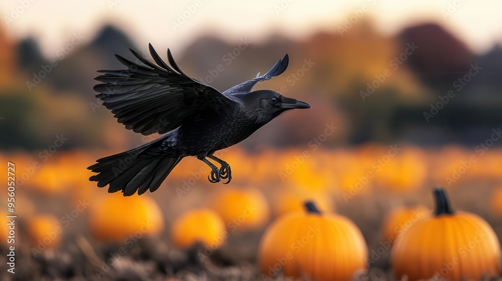 Fototapeta premium A crow flying over a pumpkin field at dusk, crow, pumpkin field, dusk