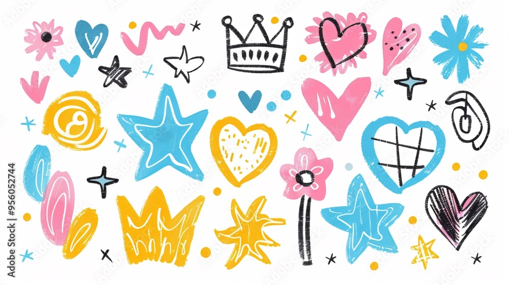 07231249 495. Playful collection of colorful charcoal doodle shapes and squiggles, featuring pencil drawings of crowns, stars, flowers, hearts, and grids in a girly style, perfect for collage 07231249 495. Playful collection of colorful charcoal doodle shapes and squiggles, featuring pencil drawings of crowns, stars, flowers, hearts, and grids in a girly style, perfect for collage