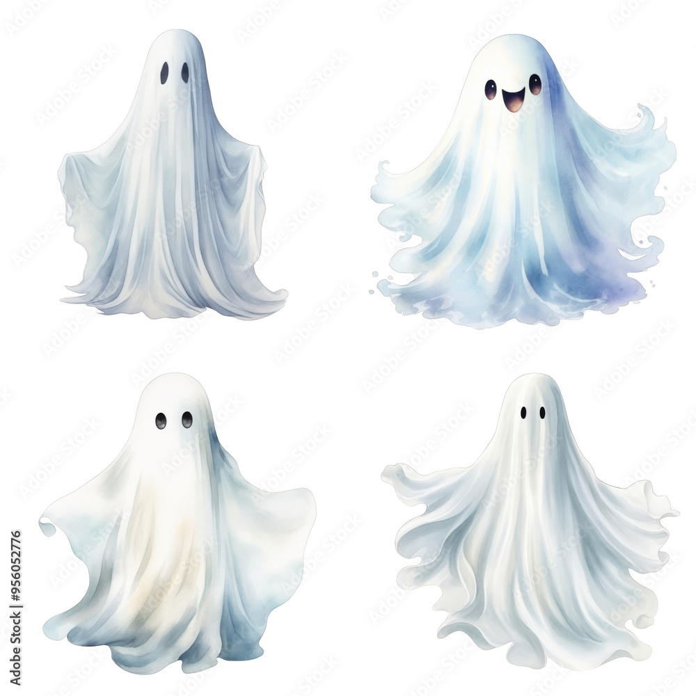 Four Watercolor Ghosts with Various Expressions Four Watercolor Ghosts with Various Expressions