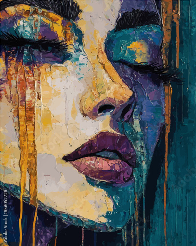 Colorful abstract vector female portrait with dynamic textures and vivid hues. Ideal for bold artistic statements and modern design projects.