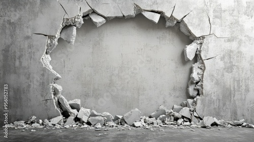 A broken wall with a jagged hole in the middle, providing a blank, transparent space for creative insertions or text. photo