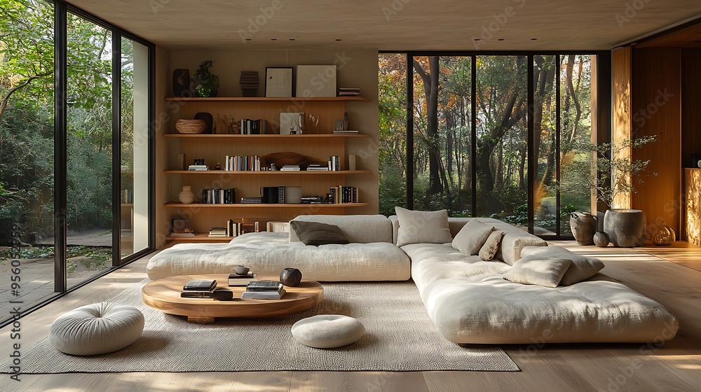 Fototapeta premium Modern Scandinavian living room, open shelving as a focal point, light wood shelves holding books and simple decorative objects, neutral color palette, large windows providing natural light,