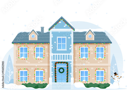 Christmas house with snow on roof, snowman and winter holiday decorations, isolated vector. Christmas home facade or house exterior with red ribbons garland, wreath on door porch and snowy chimney