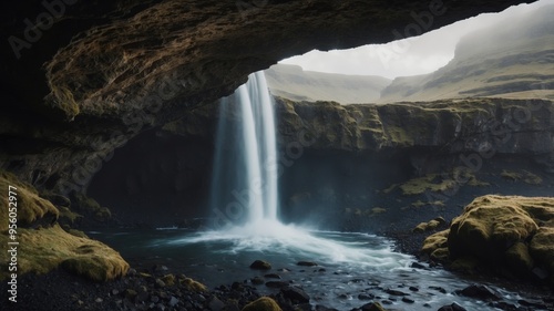 a waterfall coming through a cave in iceland. photo