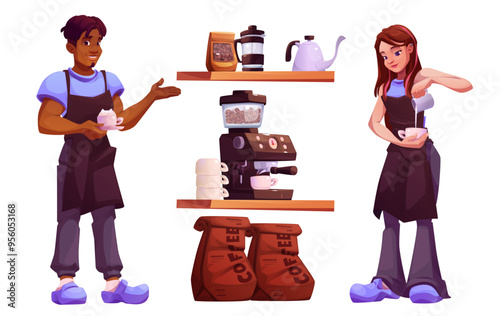 Cafe barista and coffee cup to drink in machine. People making espresso or latte in bar isolated vector restaurant set. Woman character in apron concept. Vendor worker. Coffeepot and kettle on shelf