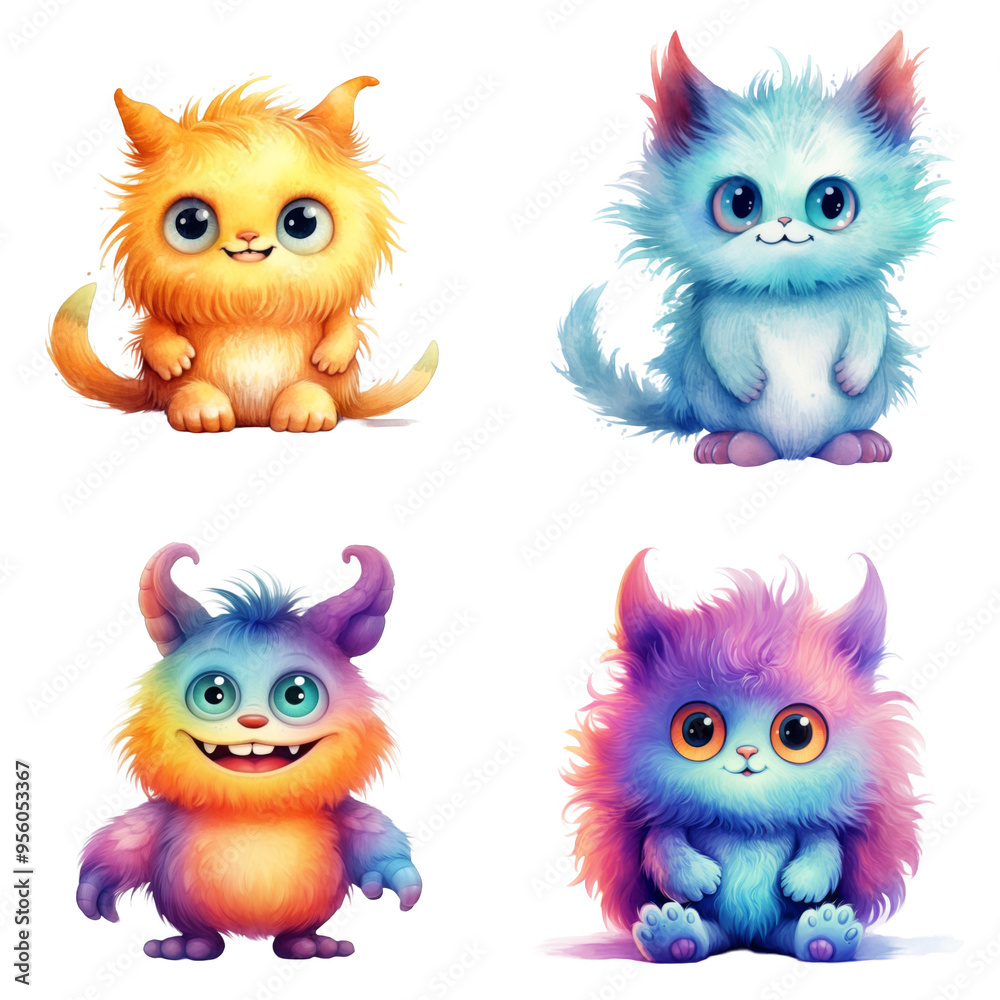 Four Colorful Furry Creatures with Big Eyes Four Colorful Furry Creatures with Big Eyes