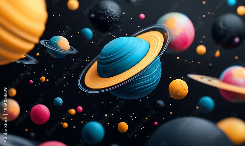 Naklejka premium 3D render of colorful spheres and planets floating in space, dark background, surreal abstract composition, vector illustration, detailed, hyper-realistic.