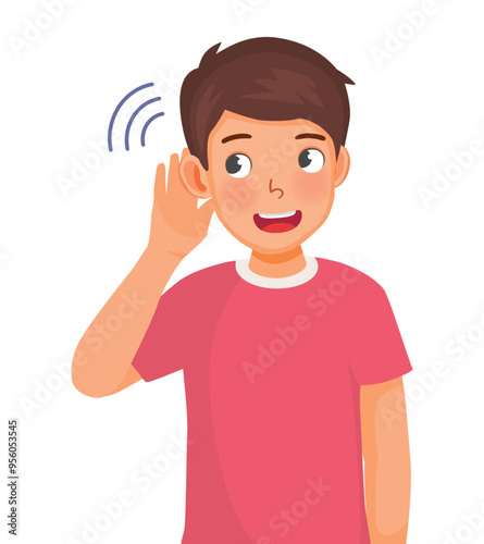 Young man putting hand near ear listen to news gossip