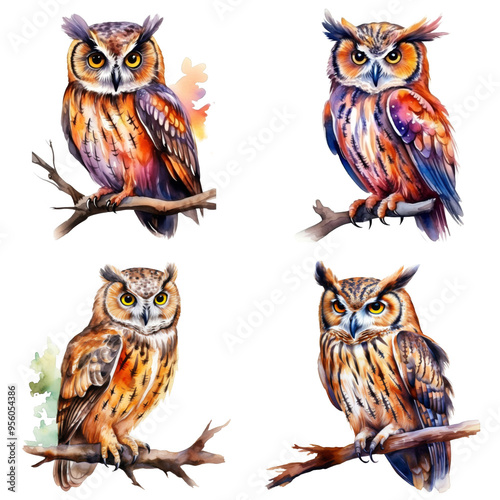 Four Watercolor Owls Perched on Branches photo