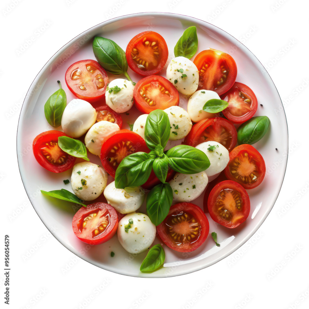 Caprese Salads with fresh mozzarella and tomato on white plate on transparent background Caprese Salads with fresh mozzarella and tomato on white plate on transparent background