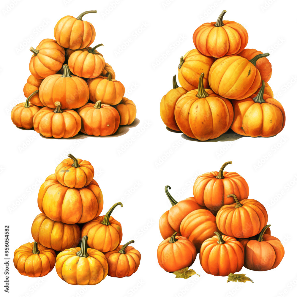 A digital illustration featuring four different arrangements of pumpkins stacked A digital illustration featuring four different arrangements of pumpkins stacked