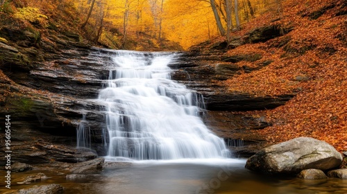 A small waterfall cascading down rocks surrounded by autumn foliage, waterfall, autumn foliage, rocks