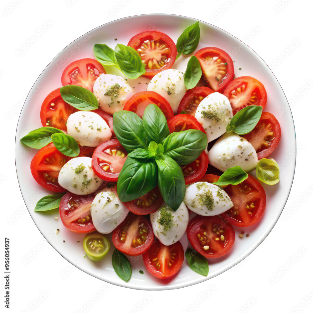 Caprese Salads with fresh mozzarella and tomato on white plate on transparent background Caprese Salads with fresh mozzarella and tomato on white plate on transparent background