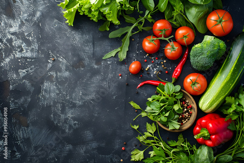 A variety of fresh organic vegetables displayed on a dark rustic background, such as tomatoes, cucumbers, lettuce, herbs, and peppers, promoting a healthy and nutritious diet