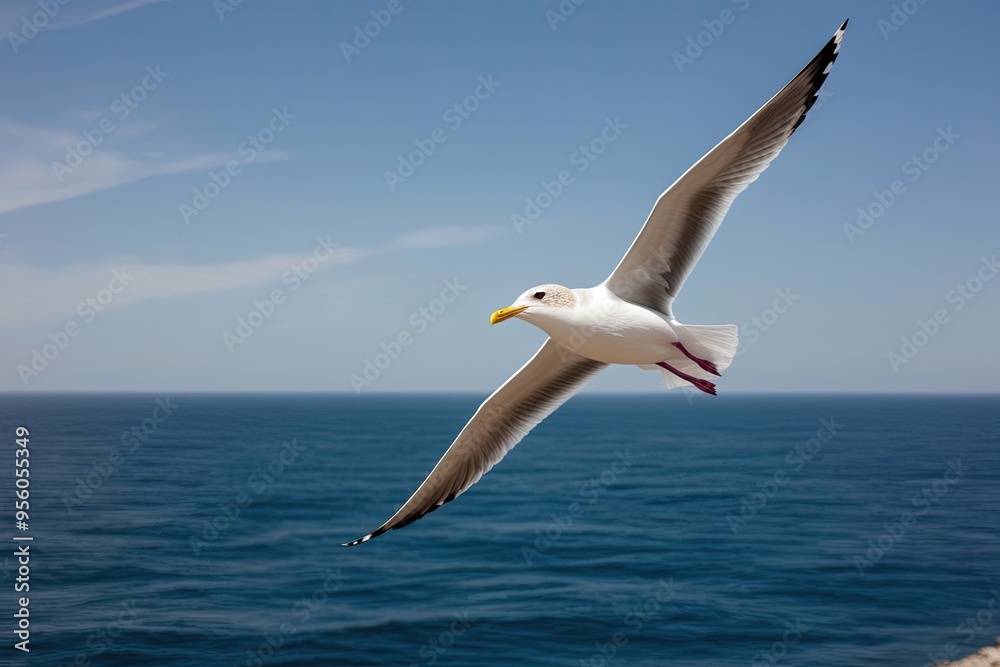Obraz premium Serene Seagull Gliding Through Clear Blue Skies Above the Ocean