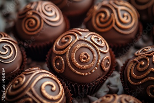 Elegant chocolate pastry adorned with intricate golden patterns in a luxurious, opulent setting