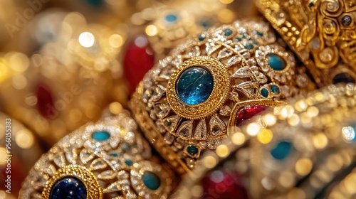 A close-up of traditional Emirati jewelry, with intricate designs, gold, and gemstones displayed elegantly.