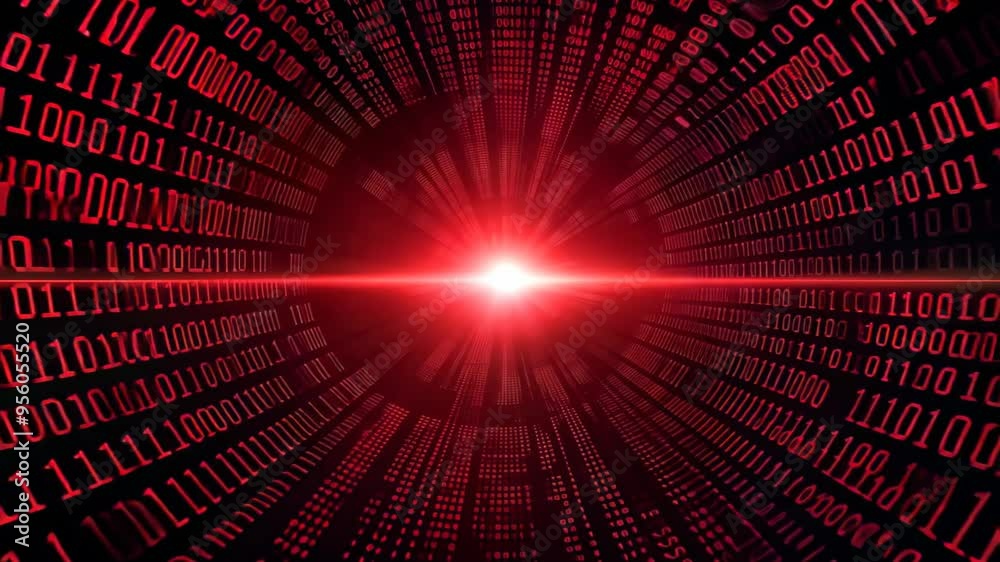 A striking digital tunnel of cascading red binary code converges at a bright center against a black background. imagery embodies themes of technology and innovation, ideal for high-tech projects.