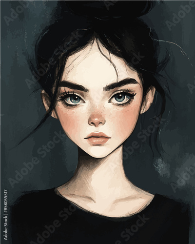 Stylized vector illustration of a young girl with striking eyes, dark hair, and a serious expression, set against a dark, moody background.