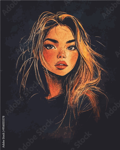 Vibrant vector art of a girl with golden hair and a piercing gaze, highlighted by warm orange tones.