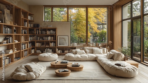 Contemporary Scandinavian living room, open shelving as a design element, light wood shelves holding books and simple décor, neutral color scheme, large windows providing natural light,