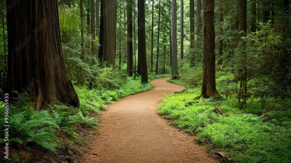 A forest path surrounded by tall trees and vibrant greenery, perfect for a nature escape A forest path surrounded by tall trees and vibrant greenery, perfect for a nature escape