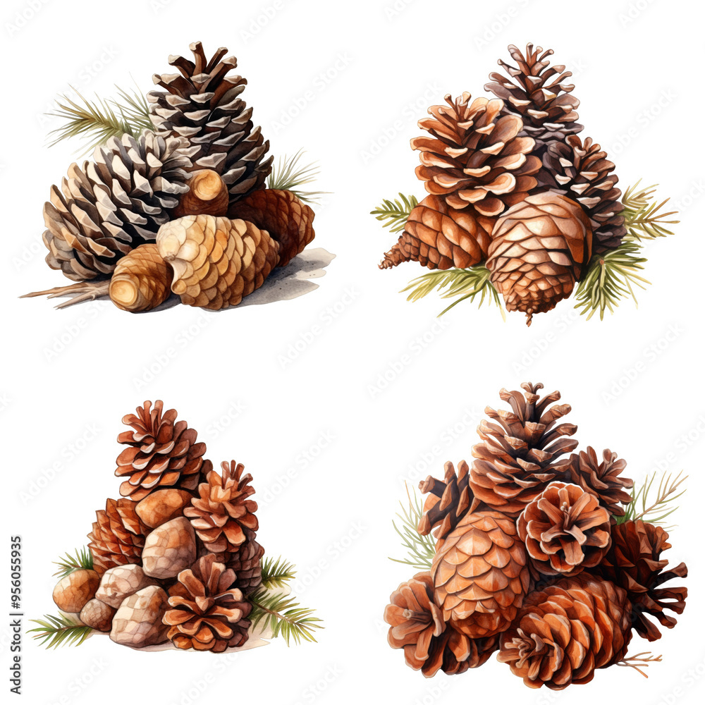 Four Watercolor Paintings of Pine Cones