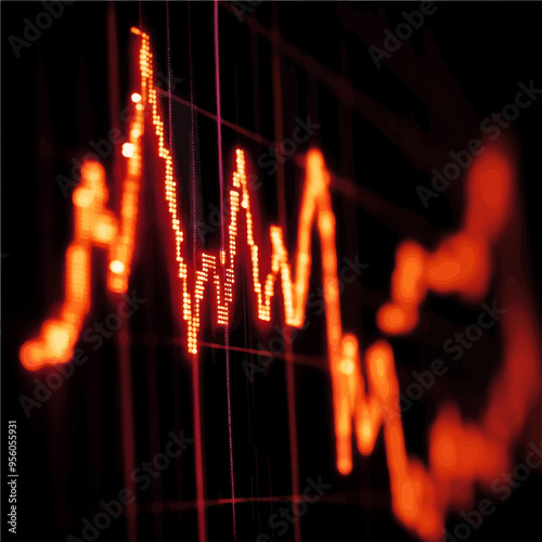 Illuminated red graph showcasing market volatility, financial crisis indicators, and stock market fluctuations in a digital financial setting.