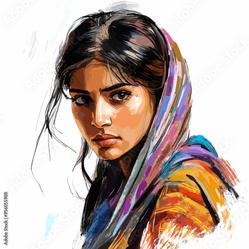 Colorful digital sketch of a modern Indian woman, showcasing vibrant hues and expressive features, blending tradition and modernity.