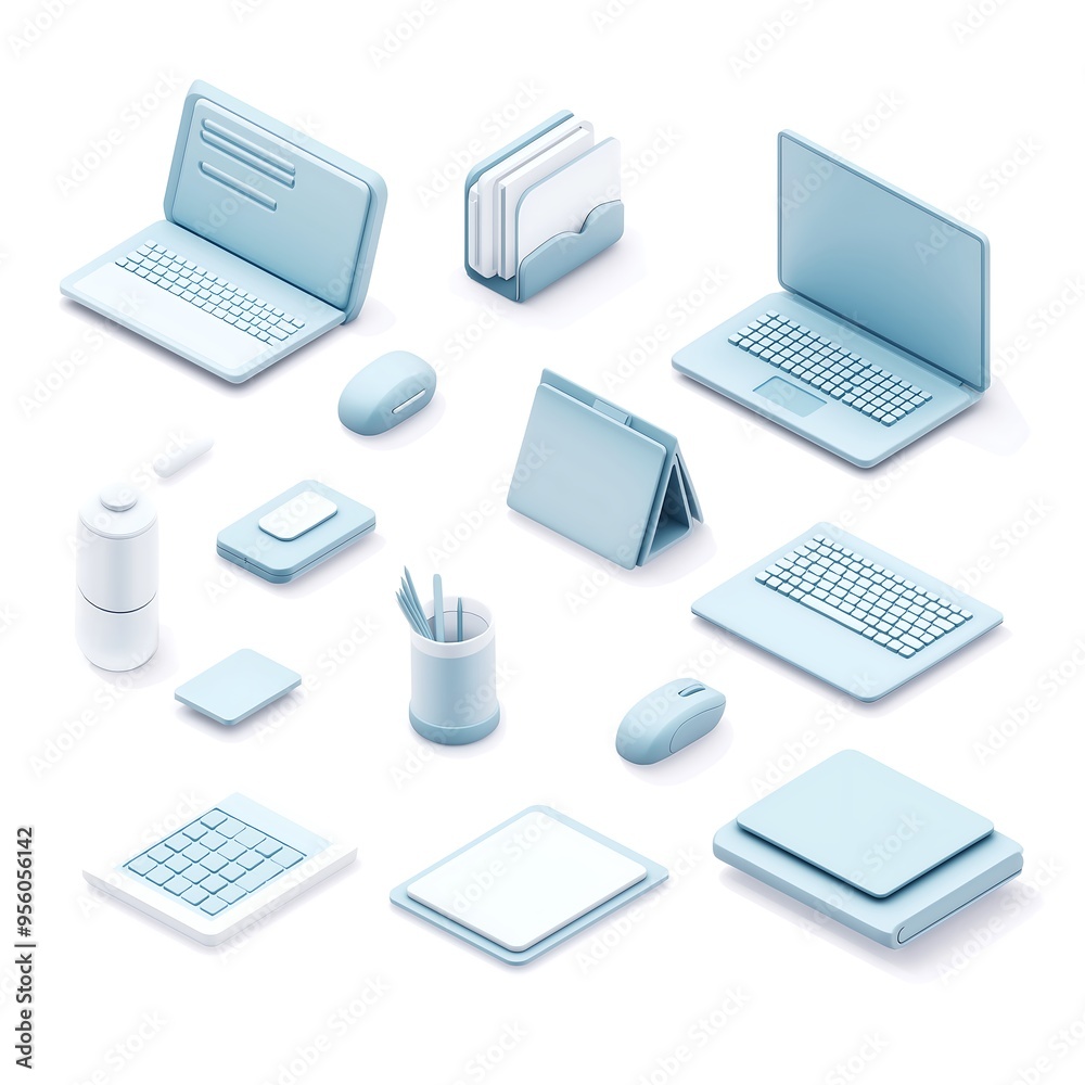 3D isometric icon set, office elements like laptop and computer mouse, white background, light blue color palette, soft lighting, soft shadows 3D isometric icon set, office elements like laptop and computer mouse, white background, light blue color palette, soft lighting, soft shadows