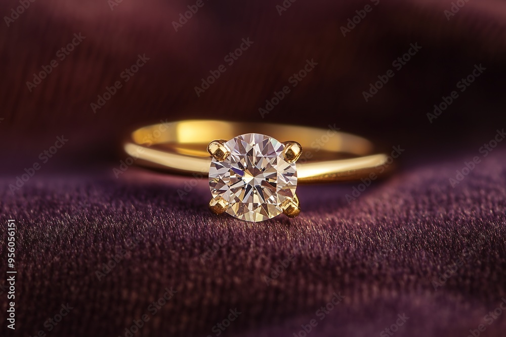 Gold ring with a single diamond on velvet fabric Gold ring with a single diamond on velvet fabric