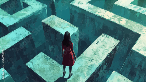 Conceptual art of a woman navigating a blue-tinted maze, capturing themes of exploration and solitude.