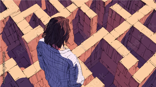Illustration of a woman navigating a complex maze, symbolizing challenges and decision-making in a modern abstract style.