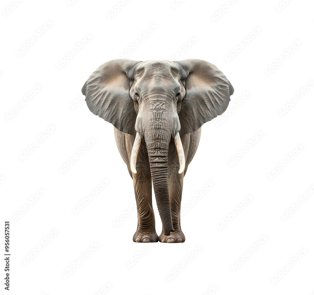 Obraz premium Front view of a majestic african elephant with large tusks isolated on white background