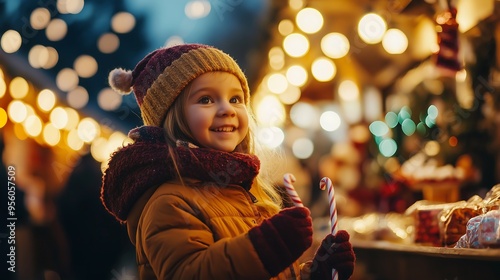 Christmas market at night, bright lights strung between stalls, vendors selling festive treats, warm glow of lanterns illuminating, focus on a little girl excitedly holding a candy cane photo