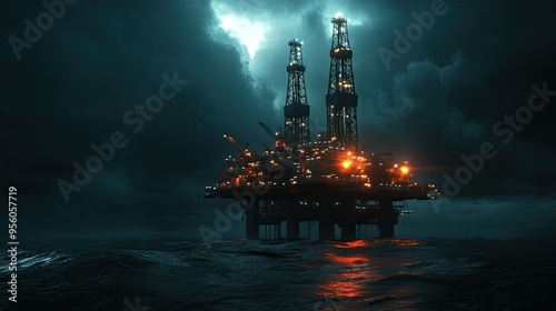 A night shot of an offshore oil rig, illuminated by bright lights against a dark sky