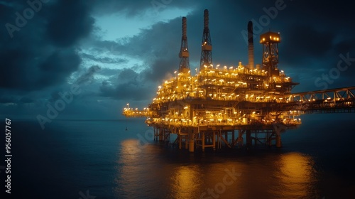 A night shot of an offshore oil rig, illuminated by bright lights against a dark sky