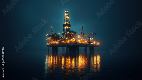 A night shot of an offshore oil rig, illuminated by bright lights against a dark sky