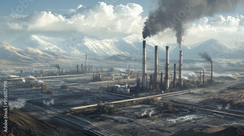 A panoramic view of an oil refinery with smokestacks and pipelines stretching across the landscape