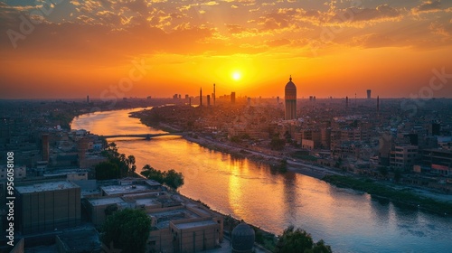 A panoramic view of Baghdad's skyline at sunset, with the Tigris River reflecting the golden light