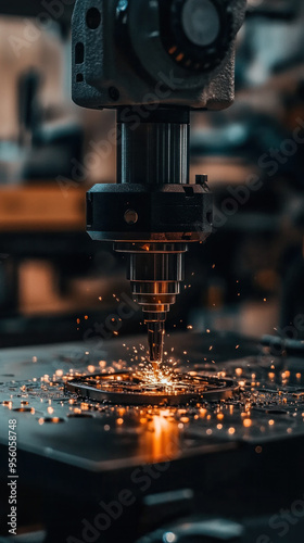 A machine is cutting through a piece of metal. The sparks from the cutting process are visible, creating a sense of action and energy. Concept of industrial work and the power of machinery