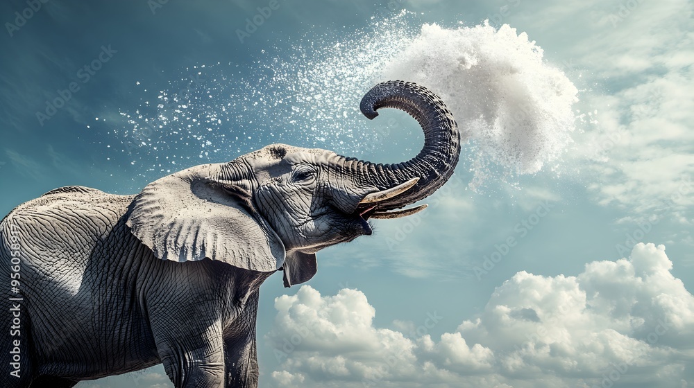 Obraz premium Powerful Elephant Spraying Water Against Dramatic Cloudy Sky