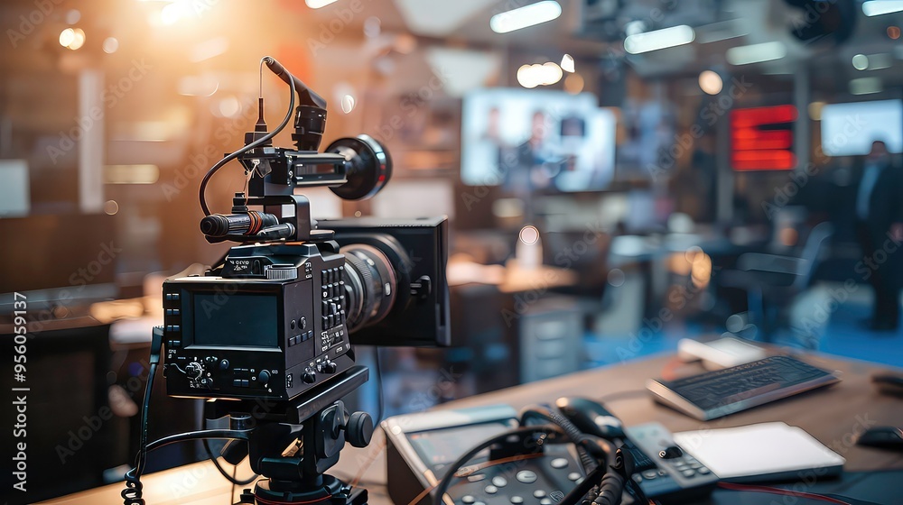A professional video camera on a tripod in a television studio. A professional video camera on a tripod in a television studio.