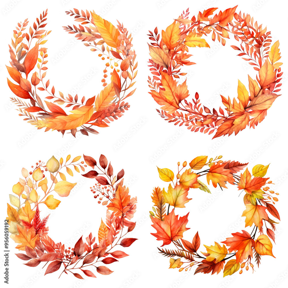 Four Watercolor Autumn Leaf Wreaths Four Watercolor Autumn Leaf Wreaths