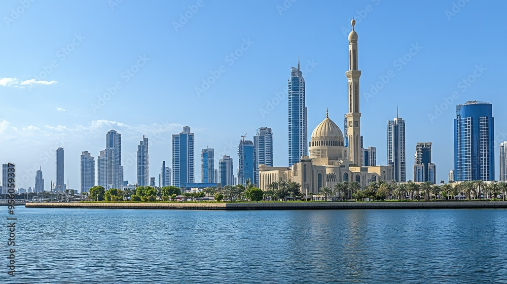 Obraz premium A panoramic view of the Sharjah skyline, with its modern buildings, cultural landmarks, and the Arabian Gulf.