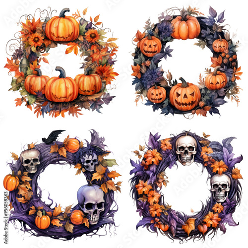 Halloween Wreath with Pumpkins, Skulls, and Autumn Foliage photo