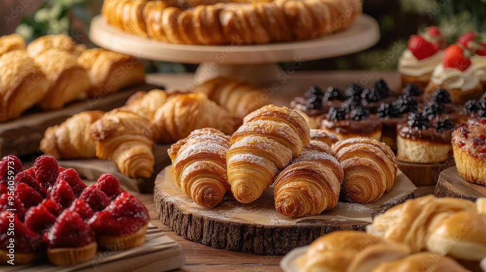 A Selection of Croissants and Other Pastries on a Rustic Tabletop A Selection of Croissants and Other Pastries on a Rustic Tabletop